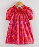 Hugsntugs Cotton Woven Half Puffed Sleeves Leaves & Fruit Printed Dress - Red