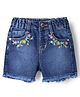 Babyhug Cotton Lycra Mid Thigh Floral Embroidered Denim Shorts - Navy Blue
