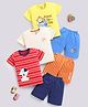 blushh berry 100% Cotton Knit Half Sleeve Pack Of 3 Striped Teddy And Around The Sea Printed Tee With Shorts Set - Cream,Yellow,Red