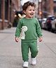 Babyoye Terry Knit Full Sleeves Winter Wear Suits With Dino Print & Applique- Green