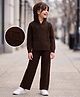 Pine Kids Knit Full Sleeves Hooded Solid Colour Sweater Set With Cable Knit Design- Brown