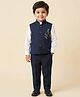 Rikidoos Cotton Woven Full Sleeves 3 Piece Party Suit With Floral Embellishment - Navy Blue & White