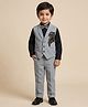 Rikidoos Cotton Woven Full Sleeves 3 Piece Party Suit With Tiger Embellishment & Bow Applique - Navy Blue & Grey