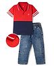 OLLINGTON ST. Cotton Sinker Knit Half Sleeves Polo T-Shirt & Denim Pants - Blue & Red