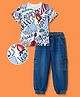 Ollington St. Cotton Knit Printed Half Sleeve T-Shirt & Denim Joggers Set - Multicolour & Indigo