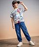 Ollington St. Cotton Knit Printed Half Sleeve T-Shirt & Denim Joggers Set - Multicolour & Indigo
