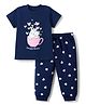 Babyhug Cotton Knit Half Sleeves T-Shirt & Pyjama Night Suit With Cat & Heart Print - Navy