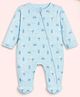 Kidbea Cotton Woven Full Sleeves Beach Theme Printed Footed Sleepsuit - Light Blue