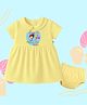 The Peppy Tend Cotton Knit Mothers Day Theme Half Sleeves Our 1st Mothers Day Together Text Printed Dress With Bloomers Set - Yellow