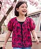 Pine Kids Woven Half Puffed Sleeves Floral Printed Top with Inner Slips - Dark Pink & Black