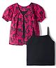 Pine Kids Woven Half Puffed Sleeves Floral Printed Top with Inner Slips - Dark Pink & Black