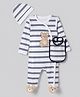 Bonfino 100 % Cotton Knit Yarn Dyed Full Sleeves Striped Teddy Print Sleep Suit with Caps & Bibs - White