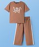 Pine Kids Cotton Looper Knit Half Sleeves Butterfly & Rose Printed Top & Track Pant Set - Tan