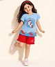 Nino Togs Cotton Lycra Knit Half Sleeves Unicorn Printed Tee & Shorts Set - Sky Blue & Red