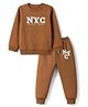 Simply Fleece Knit Full Sleeves Winter Wear Suits Text Print - Brown