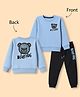 Simply Fleece Knit Full Sleeves Winter Wear Suit With Bear & Text Print At Front & Back - Light Blue