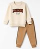 Simply Fleece Knit Full Sleeves Winter Wear Suits Text Embroidery - Cream & Light Brown