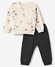 Simply Fleece Knit Full Sleeves Winter Wear Suits Animal Print - Cream & Greenish Black