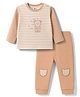 ToffyHouse Knitted Full Sleeves Striped T-Shirt & Pyjama Night Suit With Bear Embroidery - Brown