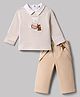 ToffyHouse Cotton Knit Full Sleeves Striped & Bear Embroidered T-Shirt & Pant Set With Suspender - Beige