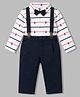 ToffyHouse Cotton Knit Full Sleeves Striped & Nautical Theme Printed Polo T-Shirt & Pant Set With Suspender & Bow - Navy Blue