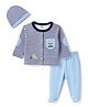 ToffyHouse Knitted Full Sleeves Striped & Vehicles Embroidered T-Shirt & Pant Set With Cap - Light Blue