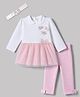 ToffyHouse Cotton Full Sleeves Frock With Leggings & Headband With Bow & Floral Applique - Light Pink