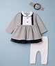 ToffyHouse Cotton Woven Full Sleeves Checked Frock With Leggings With Lace Detailing & Headband - White