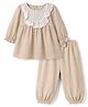 ToffyHouse Cotton Knit Full Sleeves Top & Pant Set With Lace Detailing - Beige