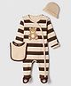 Bonfino 100% Cotton Yarn Dyed Knit Full Sleeves Striped Sleep Suit with Cap & Bib with Teddy Bear Print & Applique - Brown