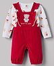 ToffyHouse Knitted Dungaree & Full Sleeves T-Shirt With Bear Print & Embroidery - Red