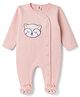 ToffyHouse Knitted Full Sleeves Footed Sleep Suit With Kitten Embroidery & Polka Dots Print - Peach