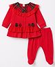 ToffyHouse Cotton Knit Full Sleeves Top & Footed Pant Set With Bow Applique - Red