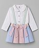 ToffyHouse Cotton Woven Full Sleeves Floral Printed Peter Pan Collared Top & Striped Skirt Set With Bow Applique - Multicolor