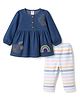 ToffyHouse Knitted Full Sleeves Tropical Theme Rainbow & Floral Embroidered Top & Striped Pant Set - Navy Blue