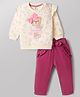 ToffyHouse Knitted Woven Full Sleeves T-Shirt & Pant Set With Floral Print & Bunny Embroidery - Cream