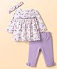 ToffyHouse Cotton Full Sleeves Floral Printed Frock With Leggings & Headband With Bow Applique - Purple