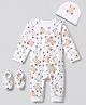 Bonfino 100% Cotton Knit Full Sleeves Bear Printed Romper With Cap & Booties - White