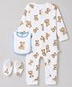 Bonfino 100% Cotton Knit Full Length Full Sleeves Romper with Bib and Booties with Teddy Bear Print - White