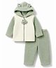 Babyhug Fur Woven Full Sleeves Hooded Winter Wear Suit Frog Applique - Olive Green & White