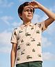 Pine Kids Cotton Knit Half Sleeves Polo T-Shirt with Beach Theme Print - Pink
