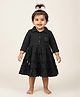 Baby Moo Waffle Woven Three Fourth Sleeves Tassels Embellished & Floral Embroidered Tiered Dress - Black