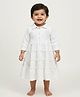 Baby Moo Waffle Woven Three Fourth Sleeves Tassels Embellished & Floral Embroidered Tiered Dress - White