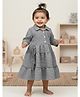 Baby Moo Waffle Woven Three Fourth Sleeves Tassels Embellished & Floral Embroidered Tiered Dress - Grey