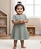 Baby Moo Waffle Woven Half Sleeves Geometric Embroidered Dress - Sea Green