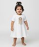 Baby Moo Waffle Woven Half Sleeves Geometric Embroidered Dress - White