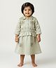 Baby Moo Waffle Woven Full  Sleeves Beads Embellished Floral Embroidered Dress - Olive Green
