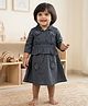 Baby Moo Waffle Woven Full  Sleeves Beads Embellished Floral Embroidered Dress - Navy Blue