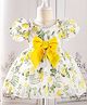 tior Net Woven Half Puffed Sleeves Bow Applique Detailed Leaves Embroidered Dress - Yellow