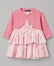 ToffyHouse Cotton Woven Full Sleeves Floral Printed Layered Frock With Shrug & Floral Applique -Pink